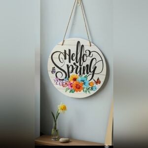 Hello Spring Door Sign Welcome Door Sign Round Decorative Wall Sign 11.5"